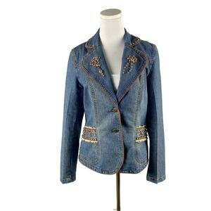 Embellished Denim Blazer Jacket Womens 8 Lace Bead Notched Lapel Boho Western‎